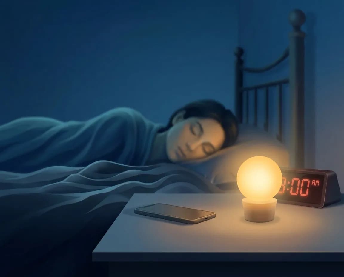 Person sleeping peacefully beside a warm bedside lamp