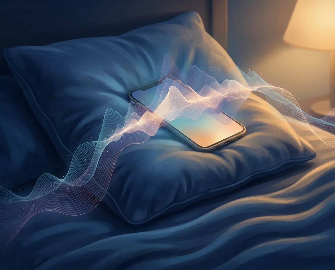Phone on a pillow weaving a calming soundwave