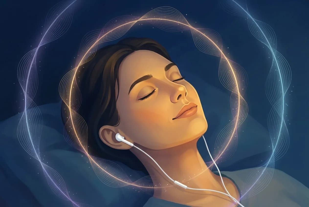 Woman relaxing with earbuds in a calming glow