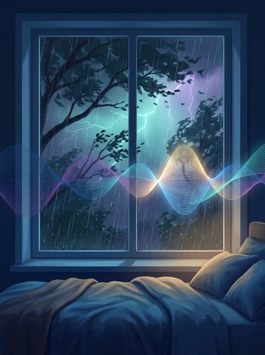 Rain and storm sound layers outside a bedroom window